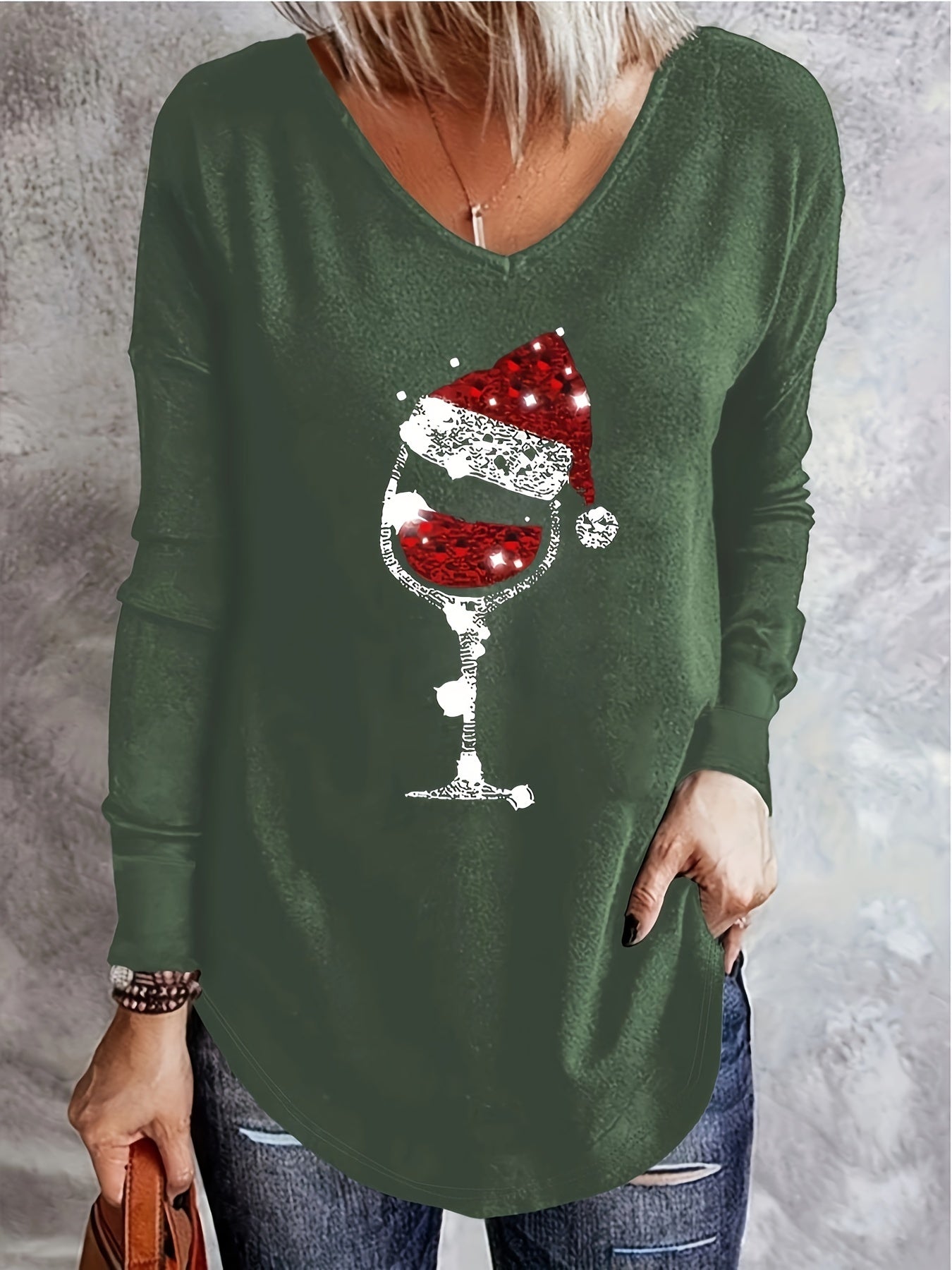 vlovelaw Christmas Hat & Wine Glass Print T-Shirt, Casual V Neck Long Sleeve T-Shirt For Fall & Winter, Women's Clothing