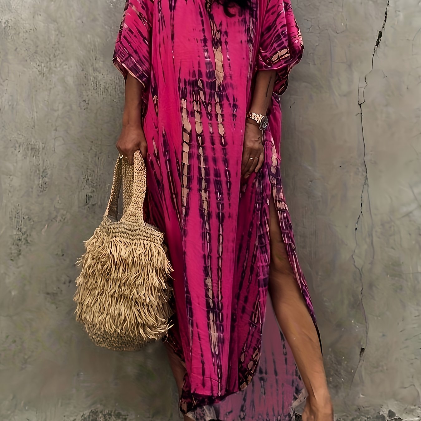 vlovelaw  V Neck Oversized Kaftan Dress, Bohemian Loose Beach Vacation Dress, Women's Clothing