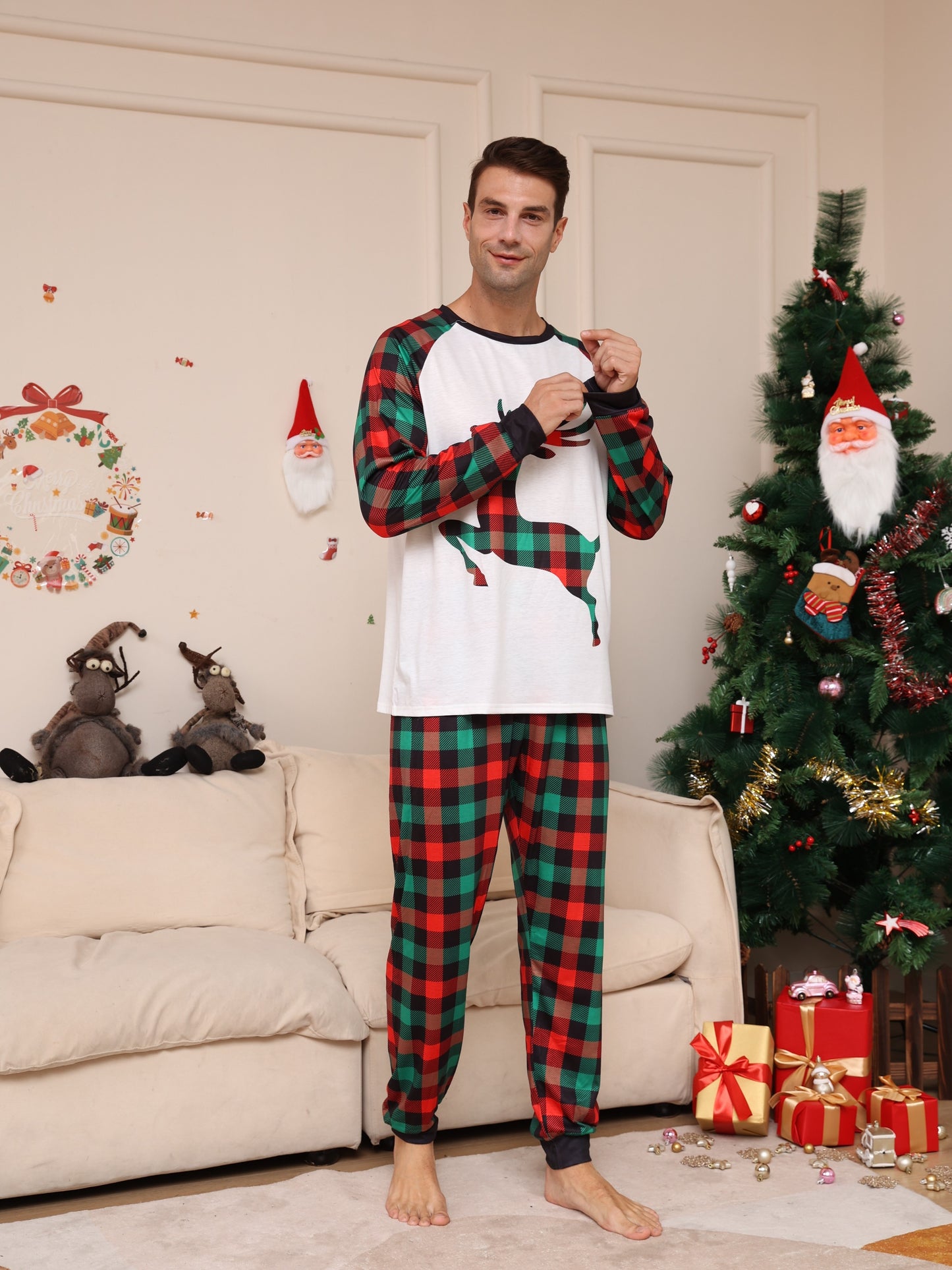 Men's Trendy Casual Christmas Pajamas Sets, Reindeer Plaid Graphic Print Long Sleeve Crew Neck Top & Loose Pants Lounge Wear