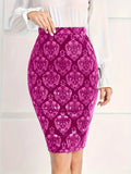 vlovelaw Plus Size Elegant Skirt, Women's Plus Damask Print Elastic High Rise Pencil Skirt