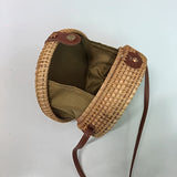 Bohemian Chic Rattan Woven Crossbody Bag - Handcrafted Vintage Circle Bag with Braided Detail and Buckle Accent - Perfect for Women