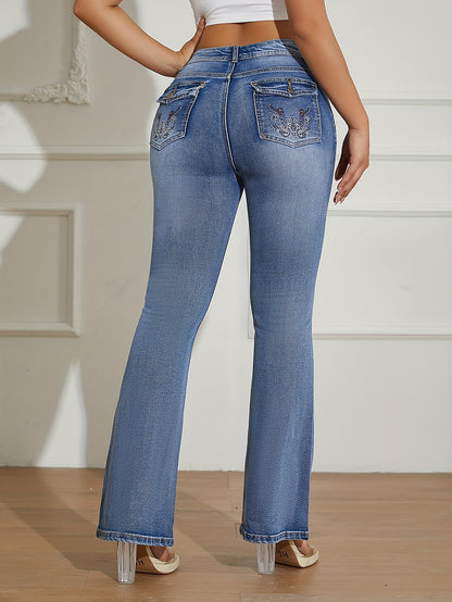 Y2k Fashion Embroidery Bell Bottom Jeans, Simple Style High Elastic Washed Denim Pants, Women's Denim Jeans & Clothing