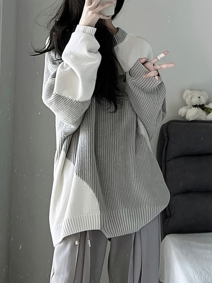 vlovelaw Color Block Oversized Pullover Sweater, Casual Crew Neck Long Sleeve Sweater, Women's Clothing