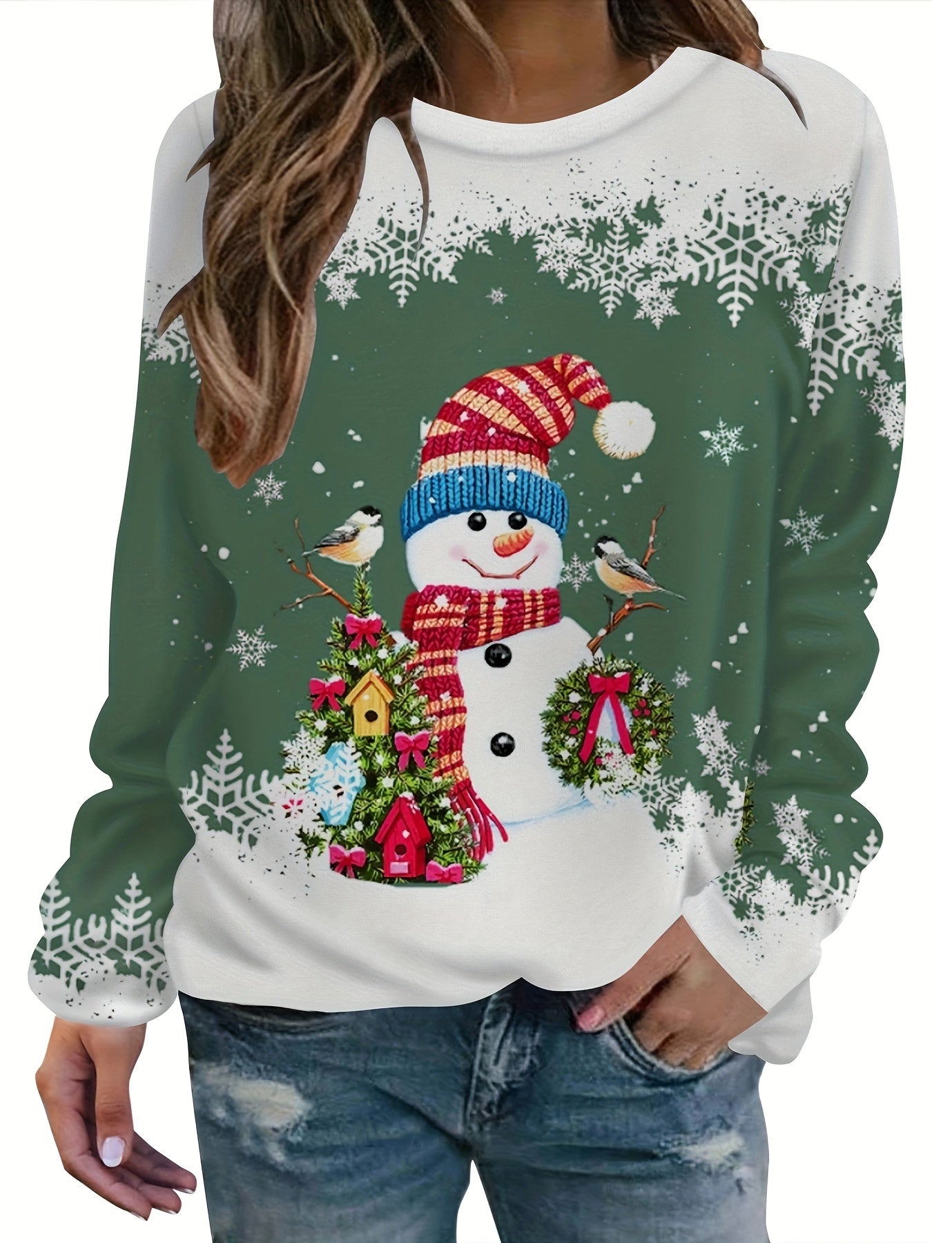 vlovelaw  Christmas Snowman Printed Warm Sports Sweatshirts, Long-sleeved Round Neck Casual Sports Pullover Tops For Winter And Autumn, Women's Sporty Sweatshirts