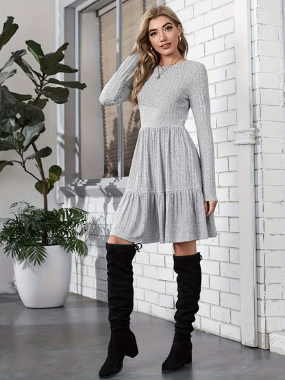 vlovelaw  Long Sleeve Tiered Knit Dress, Casual Solid Color Crew Neck A-line Dress, Women's Clothing