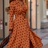 vlovelaw  Plus Size Elegant Dress, Women's Plus Polka Dot Print Long Sleeve Lapel Collar Nipped Waist Dress