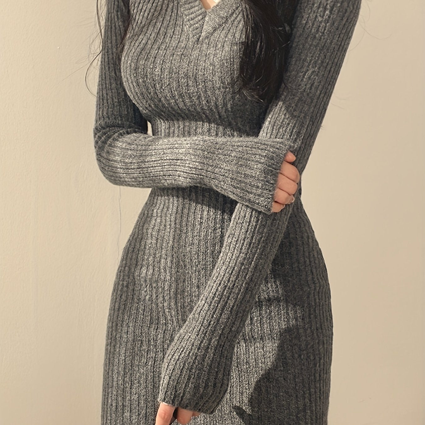 Solid Knit Sweater Dress, Elegant V Neck Long Sleeve Bodycon Dress For Fall & Winter, Women's Clothing