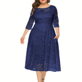 Plus Size Elegant Midi Lace Dress with 3/4 Sleeves - Crew Neck, Trapeze Hem, Pocket Details, Fitted Silhouette - Perfect for Wedding, Evening, Occasion, and Engagement Ceremony