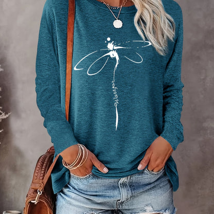 vlovelaw Dragonfly Print Crew Neck Pullover Sweatshirt, Casual Long Sleeve Sweatshirt For Spring & Fall, Women's Clothing