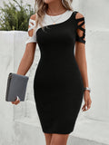 vlovelaw  Contrast Trim Bodycon Dress, Elegant Short Sleeve Dress For Spring & Summer, Women's Clothing