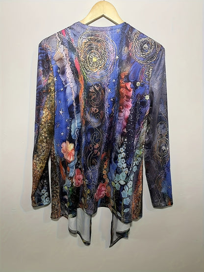 Floral Print Open Front Cardigan, Boho Long Sleeve Cardigan For Spring & Fall, Women's Clothing