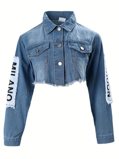 Blue Letter Print Cropped Denim Jackets, Long Sleeves Raw Hem Personality Lapel Denim Coats, Women's Denim Clothing