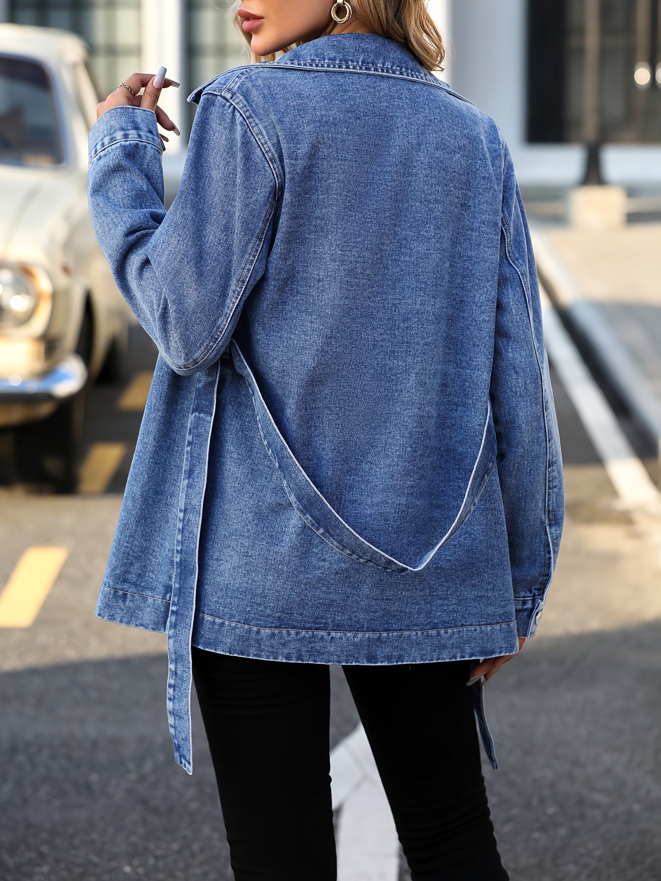 Blue Flap Pockets Denim Coat, Long Sleeves Lapel With Waistband Denim Jacket, Women's Denim Clothing