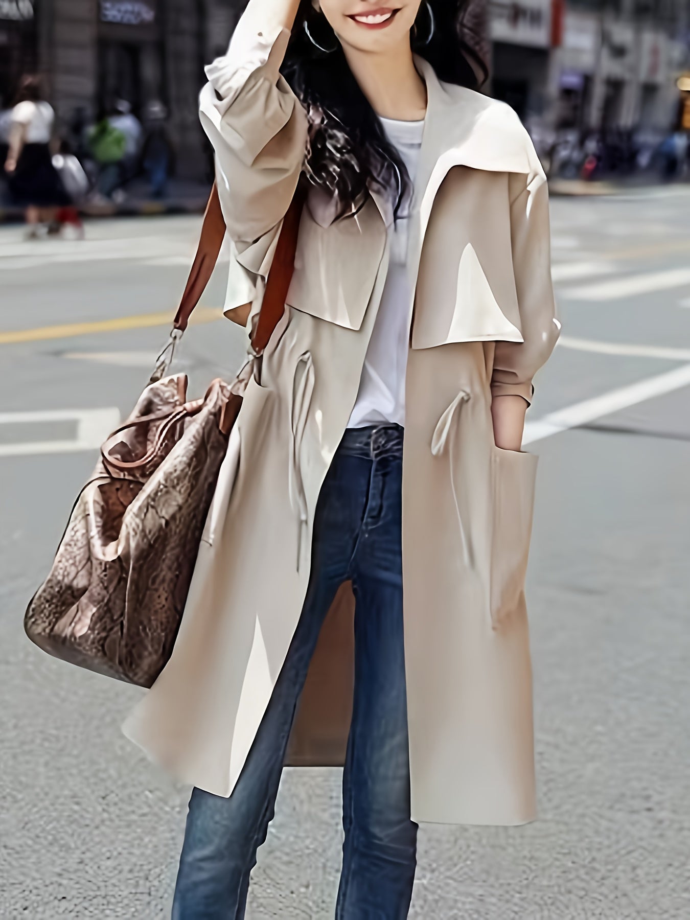 vlovelaw  Solid Color Open Front Trench Coat, Vacation Drawstring Lapel Neck Side Pockets Long Sleeve Coat, Women's Clothing