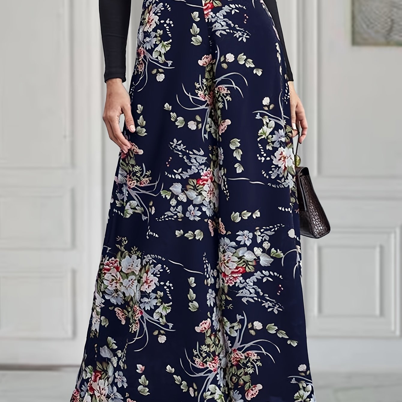 vlovelaw  Floral Print Wide Leg Pants, Elegant High Waist Flowy Pants, Women's Clothing