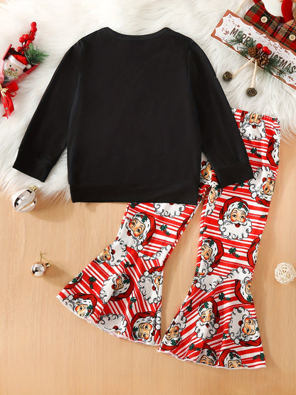 2pcs Girl's Cartoon Santa Pattern Sweatshirt & Flared Pants Set, PEACE LOVE CHRISTMAS Print, Casual Outdoor Outfits for Spring Fall