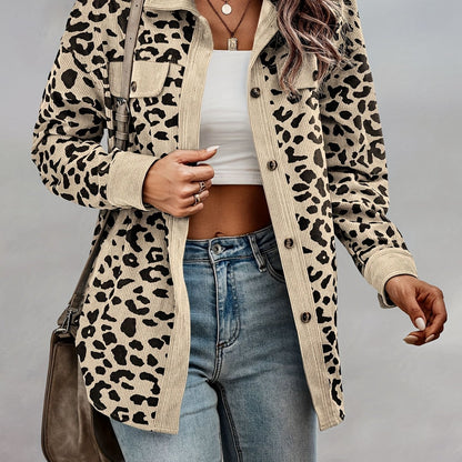 vlovelaw  Leopard Print Shacket Jacket, Casual Button Front Turn Down Collar Long Sleeve Outerwear, Women's Clothing