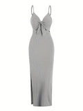 vlovelaw  Sexy Spaghetti Strap Ribbed Knot Cutout Side Split Maxi Dress, Solid Body-Con Dress For Spring & Fall, Women's Clothing