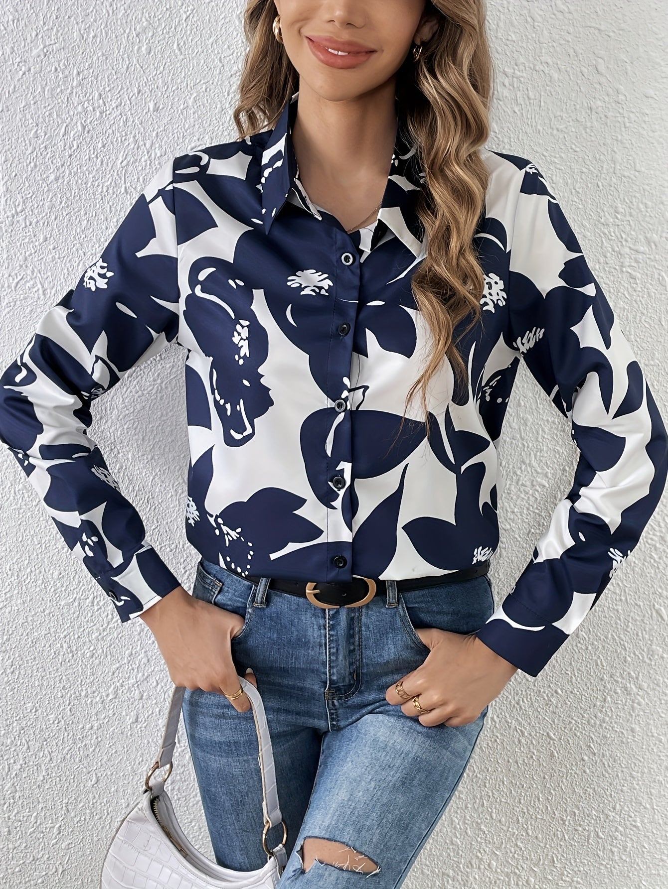 vlovelaw  Floral Print Button Shirt, Casual Long Sleeve Shirt For Spring & Fall, Women's Clothing