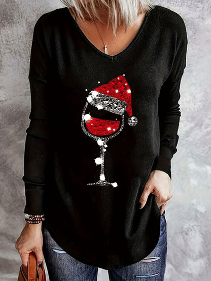 vlovelaw Christmas Hat & Wine Glass Print T-Shirt, Casual V Neck Long Sleeve T-Shirt For Fall & Winter, Women's Clothing