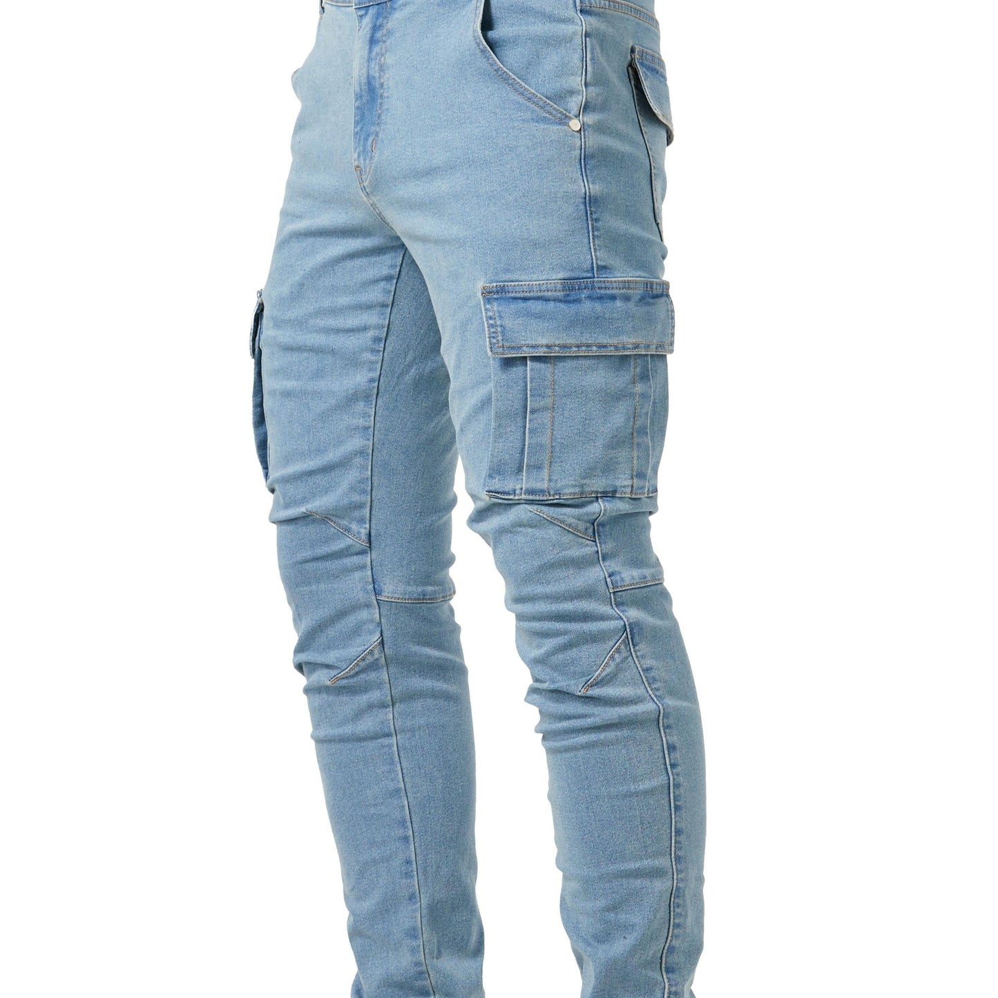 vlovelawSlim Fit Multi Pocket Jeans, Men's Casual Street Style High Stretch Denim Pants For All Seasons Outdoor