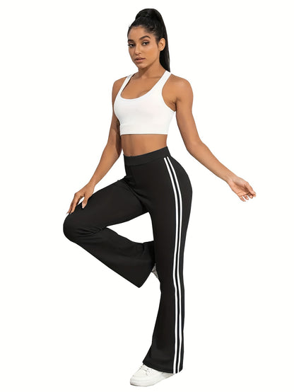 vlovelaw  3 Pcs Women's Sports Pants Set, Plus Size Contrast Striped High Waist Stretchy Flare Leg Fitness Pants 3 Piece Set