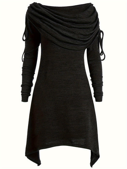 Solid Cowl Neck Dress, Elegant Long Sleeve Asymmetrical Dress, Women's Clothing