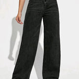 vlovelaw  Plain Loose Fit Baggy Jeans, Slant Pockets Non-Stretch Casual Wide Legs Jeans, Women's Denim Jeans & Clothing