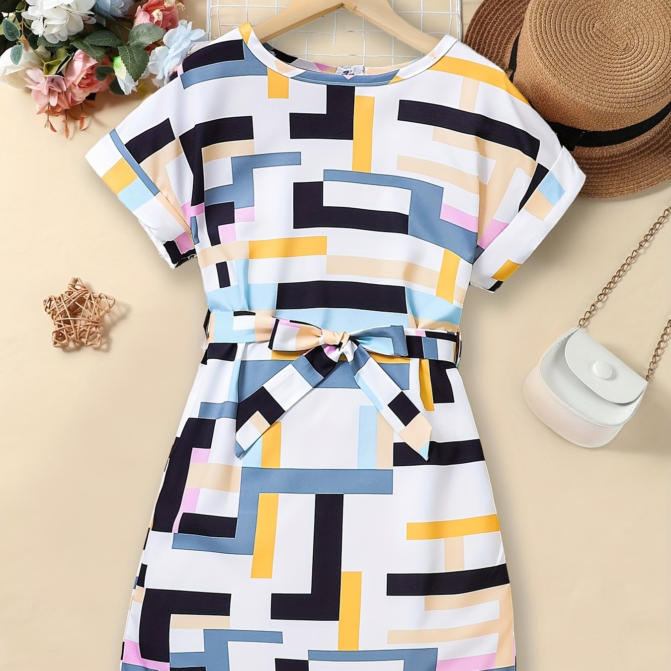 vlovelaw  Girls Geometric Graphics Batwing Sleeve Curved Hem Casual Belted Dress Kids Summer Clothes