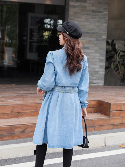 vlovelaw  Blue Loose Fit Long Denim Jackets, Long Sleeves Non-Stretch With Waistband Lapel Denim Coats, Women's Denim Clothing