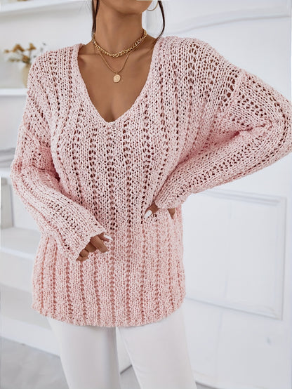 vlovelaw  Solid Eyelet V Neck Pullover Sweater, Casual Long Sleeve Drop Shoulder Knit Sweater, Women's Clothing