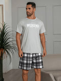 Mens Pajama Set - Relaxed Casual Style with Unique Grey Letter Print and Plaid Shorts, Ultra-Soft and Comfortable for Home and Outdoor Wearing, Perfect for Summer Season