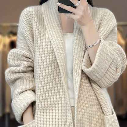 vlovelaw  Solid Open Front Knit Cardigan, Casual Long Sleeve Oversized Sweater Coat With Pocket, Women's Clothing