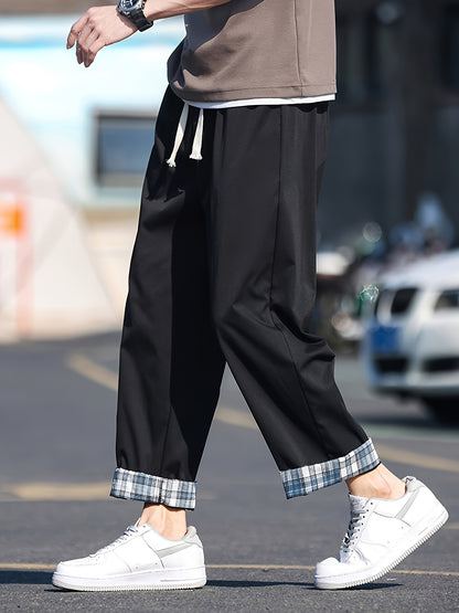 Men's Stylish Loose Solid Pants With Pockets, Active Breathable Comfy Drawstring Trousers For City Walk Street Hanging Outdoor Activities