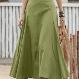 vlovelaw Plus Size Casual Skirt, Women's Plus Solid Stitching High Rise Swing Maxi Skirt Without Belt