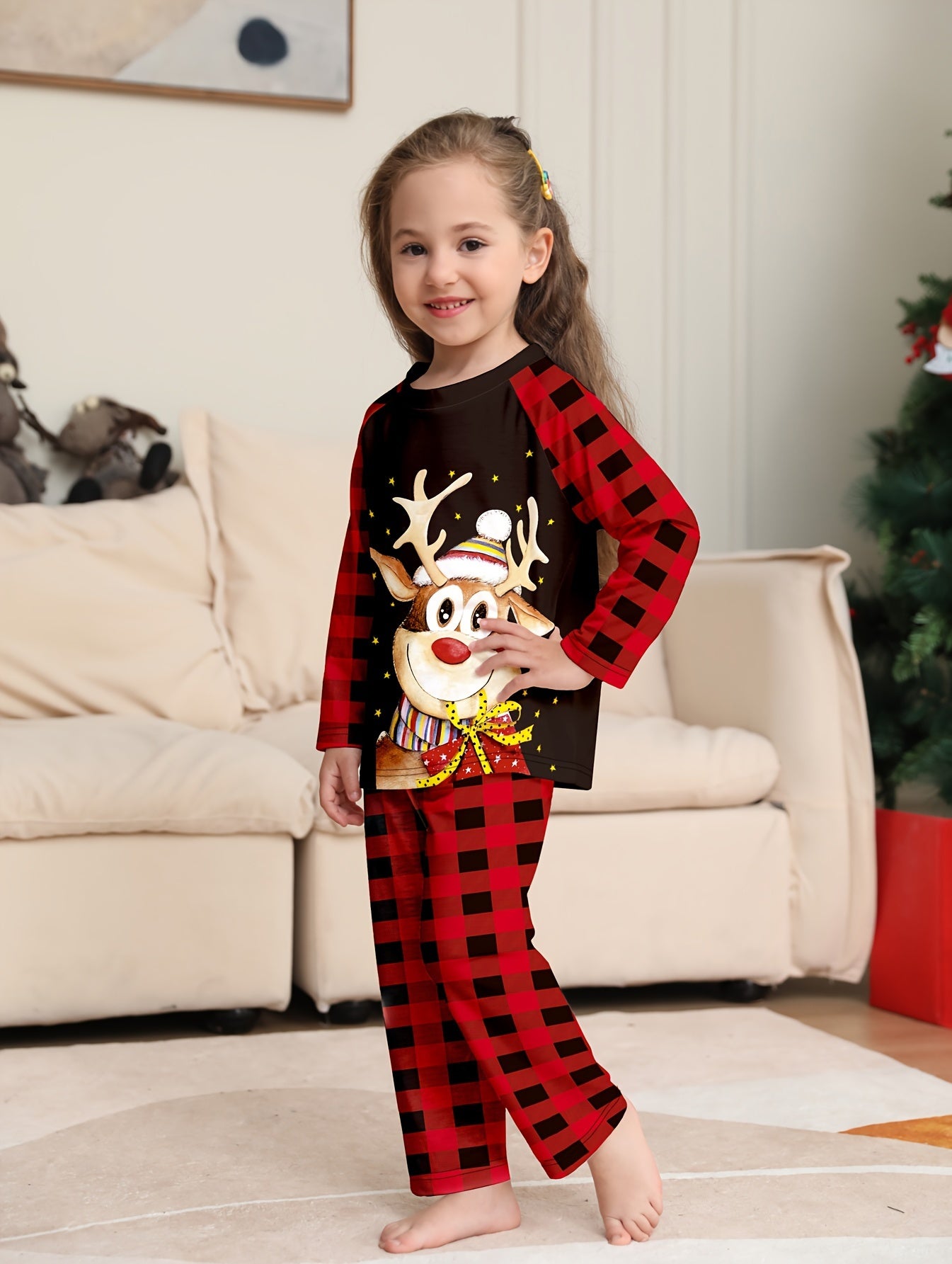 Youngsters' Cozy Christmas Pajama Set - Flame-Resistant, Cartoon Reindeer & Plaid Print, Long Sleeve Top and Pants for Boys & Girls