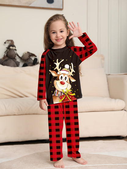 Youngsters' Cozy Christmas Pajama Set - Flame-Resistant, Cartoon Reindeer & Plaid Print, Long Sleeve Top and Pants for Boys & Girls