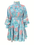 vlovelaw  Floral Print Button Front Dress, Elegant Pleated Long Sleeve High Collar Summer Dress, Women's Clothing