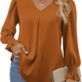 vlovelaw Solid V-neck Simple Blouse, Versatile Lantern Sleeve Blouse For Spring & Fall, Women's Clothing