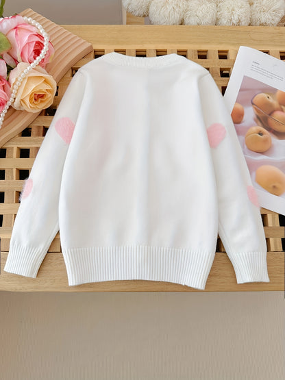 Adorable Girls Heart Pattern Knit Cardigan - Soft Long Sleeve Crew Neck Sweater Jacket with Cute Button Detail - Perfectly Short for a Chic, Elegant Style