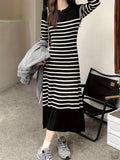 Stripe Print Long Sleeve Knit Dress, Casual Crew Neck Mid Calf Dress, Women's Clothing