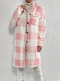 Plaid Pattern Teddy Coat, Casual Button Front Long Sleeve Outerwear, Women's Clothing