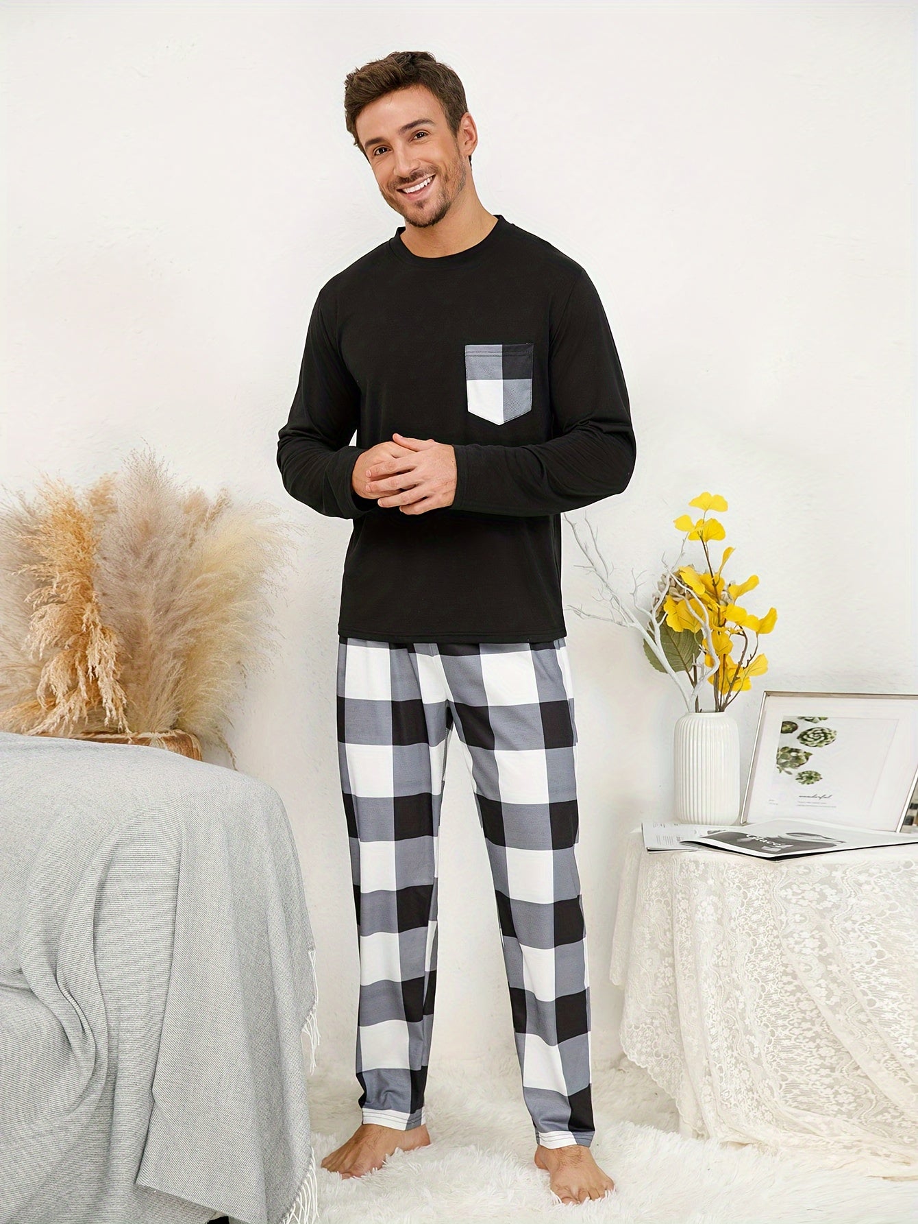 2 Pcs Mens Plaid Pajama Sets with Pocket - Soft, Breathable, and Stretchy Crew Neck Long Sleeves & Loose Fit Pants for Cozy Loungewear - Comfortable, Skin-Friendly, and Asymmetrical Design for Spring and Fall