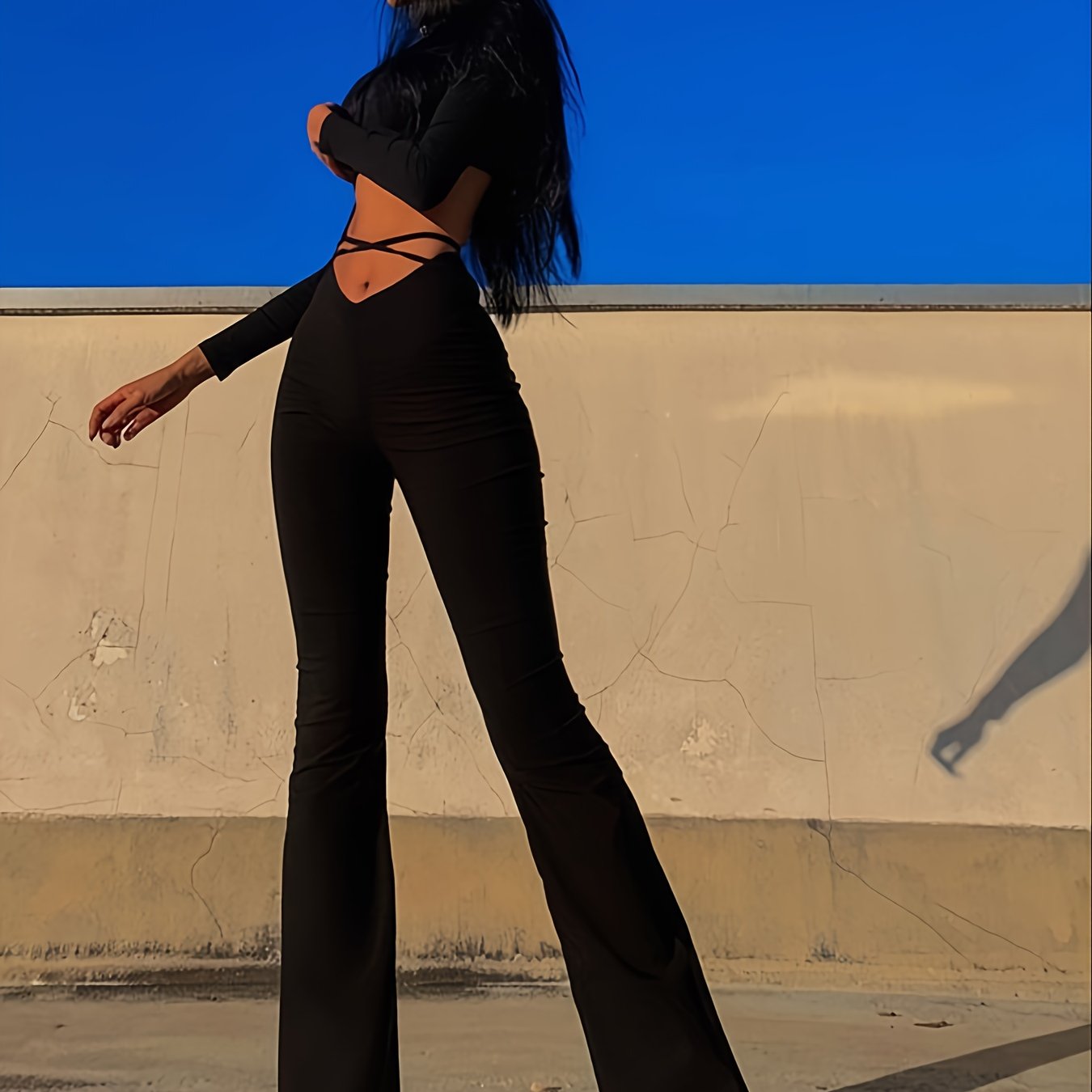 vlovelaw  Solid Criss Cross Flare Leggings, High Waist Fitted Open Navel Criss Cross Strap Black Flare Pants, Women's Clothing