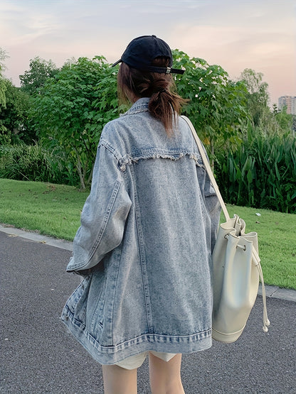 Blue Ripped Holes Lapel Denim Coat, Long Sleeves Raw Trim Chic Denim Jacket, Women's Denim Clothing