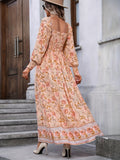 vlovelaw  Floral Print Shirred Dress, Boho High Waist Long Sleeve Maxi Dress, Women's Clothing