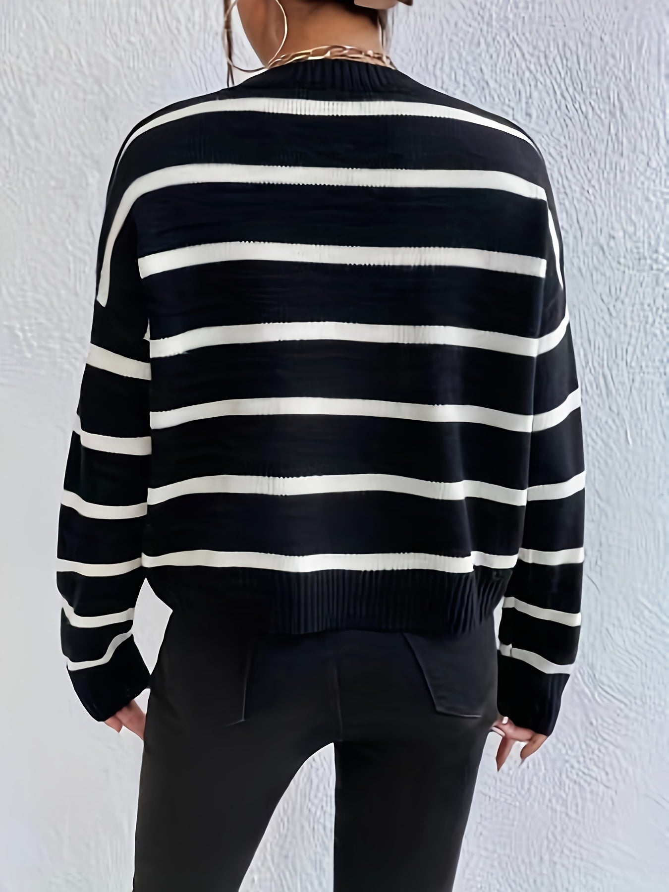 vlovelaw  Striped Crew Neck Pullover Sweater, Casual Long Sleeve Drop Shoulder Sweater, Women's Clothing