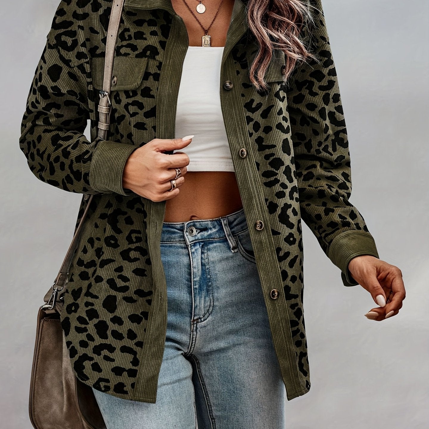 vlovelaw  Leopard Print Shacket Jacket, Casual Button Front Turn Down Collar Long Sleeve Outerwear, Women's Clothing