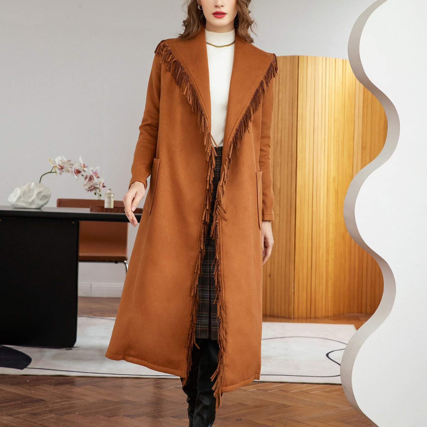 vlovelaw  Tassel With Pocket Solid Coat, Casual Belted Long Sleeve Coat For Fall, Women's Clothing