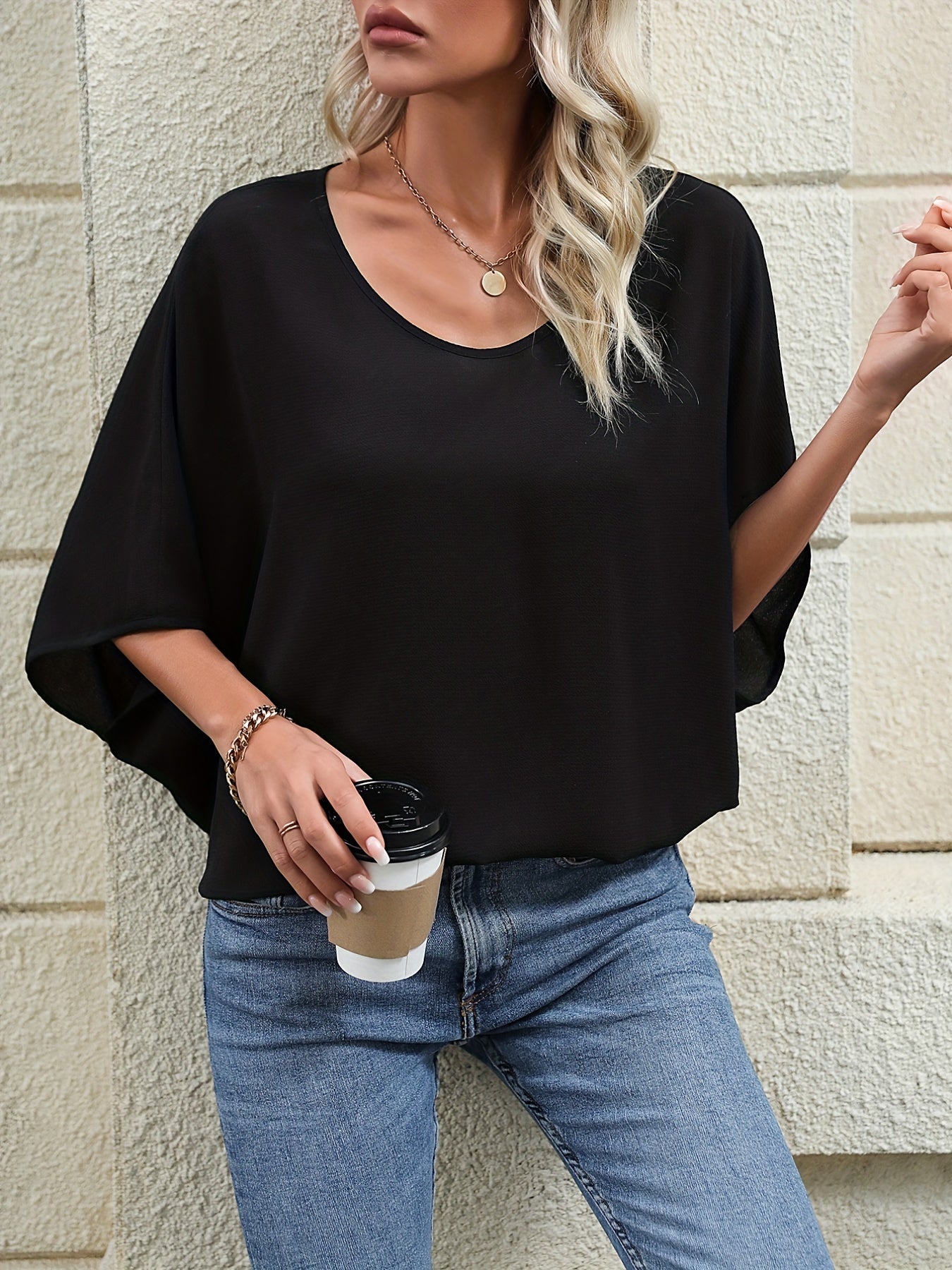 Solid Batwing Sleeve Blouse, Casual Crew Neck Versatile Blouse, Women's Clothing